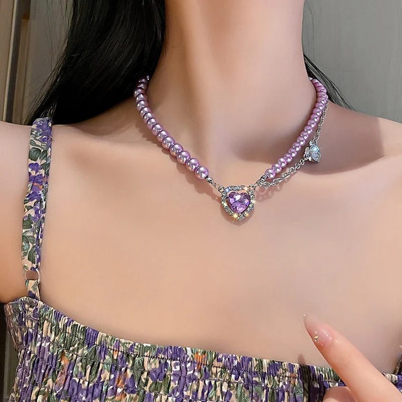 NEW Purple Pearl Heart Pendant Necklace Choker - Picture 5 of 5